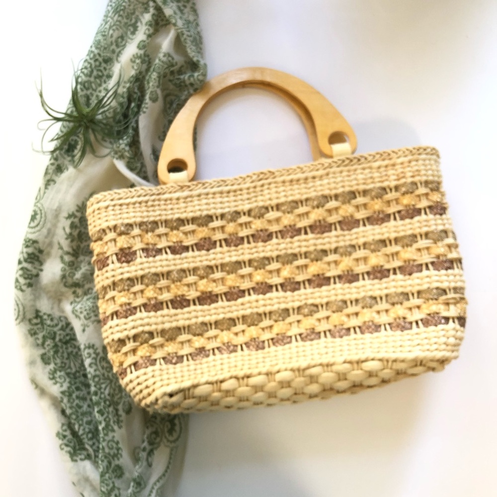 Worthington Straw Taffeta Purse Wood Handles - Picture 2 of 8